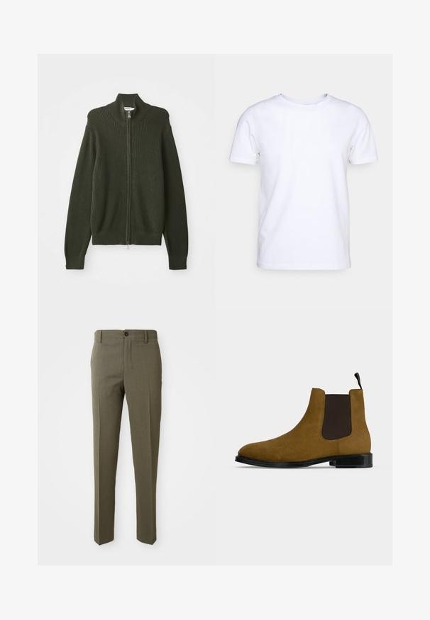 Cárdigan de punto acanalado verde oscuro con cremallera y cuello alto, con mangas largas, colocado plana sobre un fondo blanco.; Camiseta blanca de manga corta en tejido de algodón con cuello redondo. Diseño simple sin patrones ni acentos. Textura suave.; Pantalones ajustados color verde oliva con una textura suave, diseño de pierna recta, un botón frontal y bolsillos laterales para mayor funcionalidad.; Bota Chelsea de ante marrón con panel lateral elástico negro, suela negra y lengüeta en un fondo gris claro.