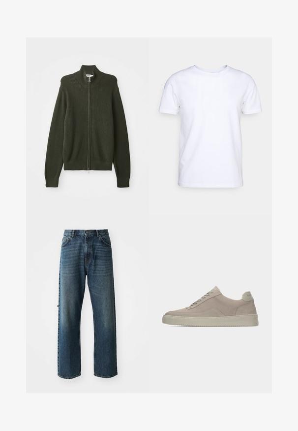 Cardigan zippé côtelé vert foncé avec col haut et manches longues, posé à plat sur un fond blanc.; T-shirt blanc à manches courtes en tissu de coton avec un col rond. Design simple sans motifs ni accents. Texture lisse.; NN.07 OTIS - Jean droit - stonewashed; Baskets en daim beige avec une finition texturée, un bout arrondi et des lacets ton sur ton. Elles présentent une semelle en caoutchouc épaisse et un branding discret sur le talon.