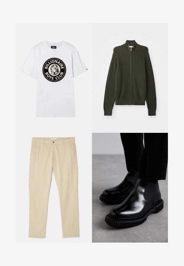 Mørkegrøn ribbet strikjakke med lynlås, høj krave og lange ærmer, liggende fladt på en hvid baggrund.; Hvid bomulds t-shirt med et sort og guld cirkulært grafisk motiv af en astronaut sammen med teksten "BILLIONAIRE BOYS CLUB". Korte ærmer, rund hals.; Beige bomulds chinos med lige snit, der har to sidelommer, en frontlukning med knap og subtile syninger.; Sorte læder Chelsea støvler med en glat overflade, elastiske sidepaneler og en tykkere, struktureret gummisul med et robust dækmønster.