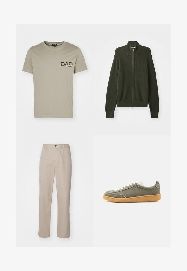 Tume roheline soonikuline zip-up kardigan kõrge kaelusega ja pikkade varrukatega, lamades tasasele valgele taustale.; Olive rohelise puuvillane t-särk ümarate kaelustega ja lühikeste varrukatega; rinnal on musta ja valgega sõna "DAD", millel on triibulised aktsendid.; Kreemjad sirged püksid kergest kangast, millel on nööbilukud ja peened õmblustooted. Lame eesosa koos külgtaskutega.; Madalad tennised oliivrohelise kangast pealse, valgete paelte, pehmendusega krae ja kummist tallaga, kuvatud lihtsal taustal.