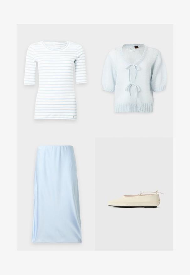 Cardigan à manches courtes tricoté bleu clair avec col en V et deux liens à l'avant, bords côtelés, sur un fond uni clair.; Haut à manches longues rayé bleu clair et blanc en coton doux, avec un col rond et un petit détail logo à l'ourlet.; Jupe midi bleu clair en tissu lisse et léger. Présente un design simple sans motifs ni accessoires visibles.; Des chaussures plates de couleur crème avec un bout arrondi, une sangle à la cheville et une semelle en caoutchouc noir contrastante. Matériau lisse avec un detailing minimal.