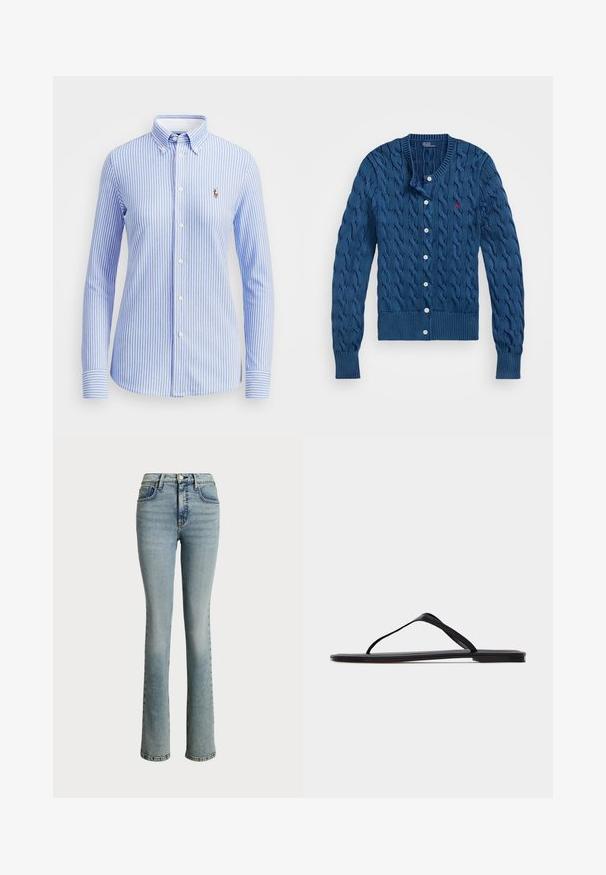 Mørkeblå strikket cardigan med snoningsmønster, fem hvide knapper foran, ribbede manchetter og kant, samt et lille logo på brystet.; Lyseblå og hvid stribet skjorte med knapper, krave, lange ærmer og et lille broderet logo på venstre bryst.; Lyseblå denim jeans med en tætsiddende talje, lige ben-design og subtilt falmede områder. Har frontlommer og en klassisk knaplukning.; Sort flad flip-flop sandal med tynde remme og minimalistisk design vist fra siden på en ensfarvet lys baggrund.