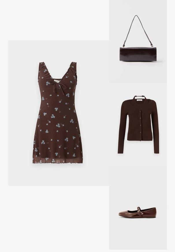 Cardigan marron côtelé à manches longues avec fermeture à boutons. Présente un design de col unique et une texture côtelée horizontale.; Robe marron sans manches avec petit imprimé floral bleu, bretelles froncées, col en V et détail noué à l'avant.; Ballerine en cuir verni marron avec un bout carré et une lanière ornée d'une petite boucle dorée. Texture lisse, talon bas et design minimaliste.; Sac à main rectangulaire en cuir noir avec une longue bandoulière unique et une finition brillante, présenté sur un fond blanc uni.