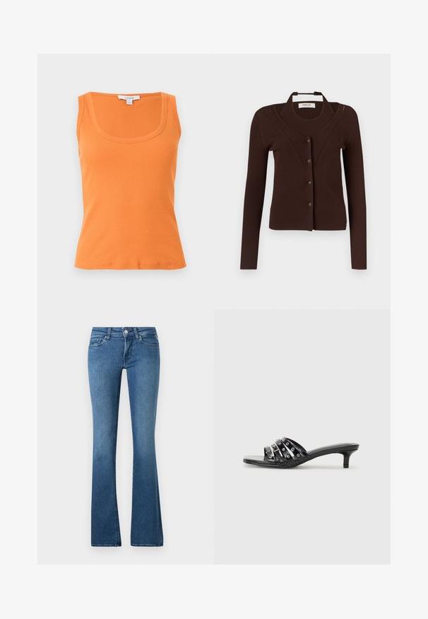 Cardigan marron côtelé à manches longues avec fermeture à boutons. Présente un design de col unique et une texture côtelée horizontale.; Débardeur orange côtelé sans manches avec encolure arrondie, coupe ajustée et étiquette de marque Topshop sur fond gris clair.; Jean en denim bleu avec une taille moyenne, un design à cinq poches et des jambes légèrement évasées sur un fond uni.; Sandales à talons noires avec plusieurs brides brillantes et des accents métalliques, présentant un bout pointu et des talons kitten discrets. Texture lisse.