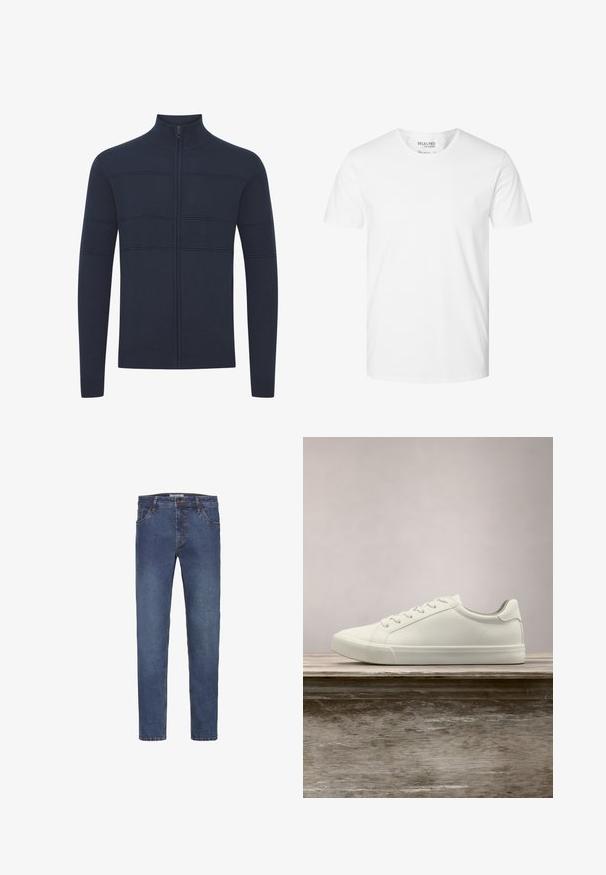 Marineblauer Zip-Pullover mit strukturierten Einsätzen und gerippten Bündchen. Verfügt über einen hohen Kragen und eine taillierte Silhouette. Aus weichem Strickmaterial.; Schlichtes weißes Kurzarm-T-Shirt mit Rundhalsausschnitt aus Bio-Baumwolle, Marke Selected Homme, Größe Large.; Dunkelblaue Jeans aus Denim mit geradem Bein, ausgestattet mit Gürtelschlaufen, fünf Taschen und einer kontrastierenden Naht entlang der Nähte.; Weiße Schnürsneaker, die über einer Holzbank mit grünem Laub im Hintergrund schweben und das Schuhdesign sowie die Textur zeigen.