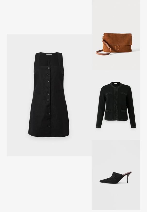 Schwarzer Cardigan mit rundem Ausschnitt, strukturiertem Stoff und Paillettenakzenten entlang der Vorderseite und Taschen. Lange Ärmel und taillierte Passform.; Schwarzes Leinenkleid mit quadratischem Ausschnitt, gefüttert mit einer zentralen Reihe von sechs Knöpfen und zwei seitlichen Taschen, mit einer A-Linie Silhouette.; Schwarzer Mule mit hohem Absatz, spitzer Zehenpartie, weichem Stoff mit geraffter Textur an der Vorderseite und einem schlanken Stilettoabsatz.; Braune Wildleder-Clutch mit Klappverschluss, verstellbarem Lederband und geprägtem Verschlussdetail auf der Vorderseite.