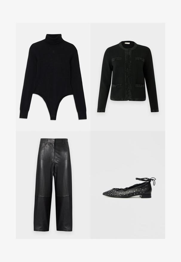 Zwarte cardigan met ronde halslijn, gestructureerde stof en paillettenaccenten langs de voorste sluiting en zakken. Lange mouwen en een getailleerde pasvorm.; Zwart turtleneck bodysuit van zachte stof, met lange mouwen, een aansluitende pasvorm en een thong-stijl onderkant voor een gestroomlijnde silhoeët.; Zwarte leren broek met wijde pijpen, voorzien van een gladde textuur en naaddetails. Tailleband en zakken zichtbaar.; Zwarte leren ballerina's met een puntige neus, vetersluiting en zilverkleurige studs langs de zijkanten. Lage blokhak.
