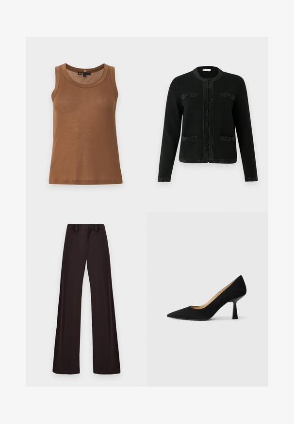 Cardigan noir avec un col rond, tissu texturé et accents de paillettes le long de la fermeture avant et des poches. Manches longues et coupe ajustée.; Débardeur marron côtelé sans manches avec encolure ronde et ourlet droit, présenté sur un fond gris clair uni.; Pantalons larges en tissu sombre, présentant une texture lisse, des passants de ceinture et un pli avant, avec un design épuré et sans ornements.; Pompe à talons hauts en suède noir avec un bout pointu, dotée d'un talon bloc noir brillant et d'une doublure intérieure lisse.