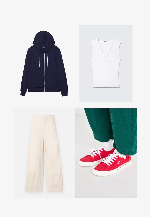 Sweat à zip bleu marine avec une poche kangourou, cordons blancs et poignets côtelés. Confectionné en tissu doux et texturé.; Haut sans manches blanc avec un design croisé, fabriqué en tissu lisse, doté d'un décolleté en V profond et d'une silhouette ajustée.; Pantalons à jambe large en coton beige, dotés de poches avant et d'une texture lisse. Pas d'ornements ni de motifs visibles.; Baskets en toile rouges avec des lacets blancs, dotées d'une semelle en caoutchouc blanche et d'accents rayés sur le côté. Portées avec un pantalon vert texturé et des chaussettes blanches.