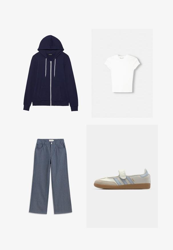 Sweat à zip bleu marine avec une poche kangourou, cordons blancs et poignets côtelés. Confectionné en tissu doux et texturé.; T-shirt blanc à manches courtes en coton doux, avec un col rond et une coupe ajustée. Pas de motifs ni d'ornements visibles.; Pantalon large bleu marine à rayures blanches verticales, bouton et fermeture éclair à l'avant, avec deux poches frontales.; adidas Originals SAMBA JANE BALLERINA - Babies - cloud white/halo blue