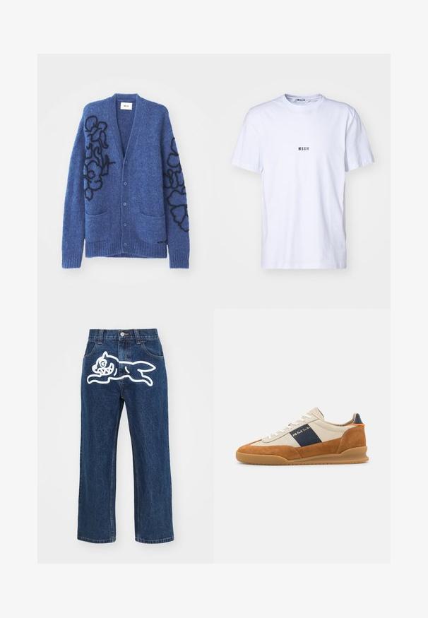 NN.07 KYLE CARDIGAN - Kardigán - blue; Biely bavlnený tričko s okrúhlym výstrihom, krátkymi rukávmi a malým čiernym logom "MSGM" vytlačeným na prednej strane. Hladká textúra.; Tmavomodré široké nohavice s veľkým bielym karikatúrnym psom na zadnej vrecku. Džínová textúra, tradičný dizajn so štyrmi vreckami.; PS Paul Smith DOVER - Tenisky - cognac/off-white