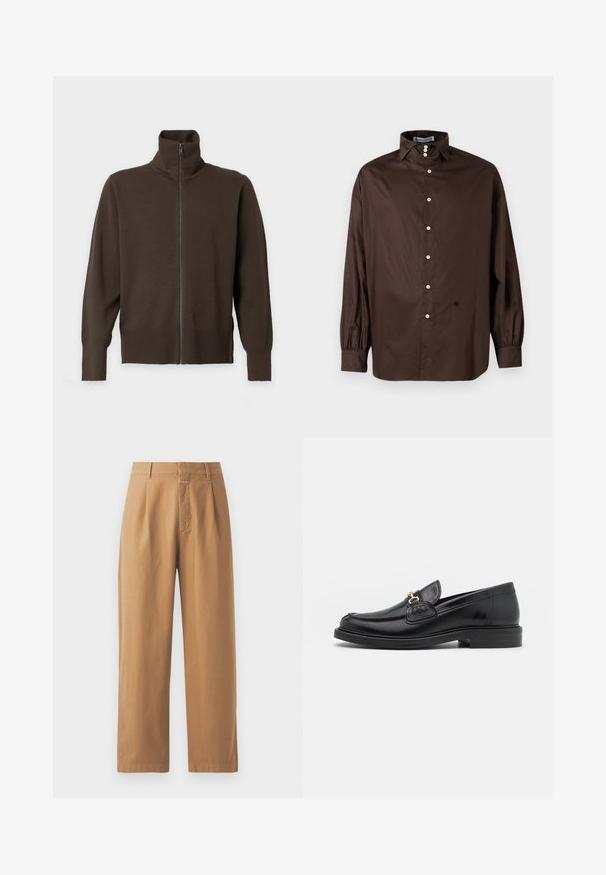 Pull marron à manches longues avec fermeture éclair, col montant et poignets ainsi qu'ourlet côtelés, présenté sur un fond clair uni.; Chemise longue à manches marron en tissu lisse avec un col classique, fermeture à boutons sur le devant et poignets élastiqués ; présente un détail logo subtil.; Pantalons marron à jambes larges en tissu lisse. Présentent une taille haute avec des plis, des passants de ceinture et une poche avant.; Mocassins en cuir noir avec un embout rond, présentant des accents en métal doré et des détails de couture, montés sur une semelle en caoutchouc texturé et basse.