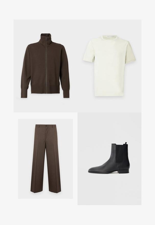 Pull marron à manches longues avec fermeture éclair, col montant et poignets ainsi qu'ourlet côtelés, présenté sur un fond clair uni.; T-shirt vert pastel clair avec manches courtes, col rond et texture douce. Présente une étiquette au cou indiquant "Tiger of Sweden."; Pantalon marron à jambes larges, coupe cintrée avec passants de ceinture et fermeture par bouton, présenté à plat sur un fond blanc.; Botte Chelsea en cuir noir avec panneaux latéraux élastiques et petit talon empilé, vue de profil sur un fond clair uni.