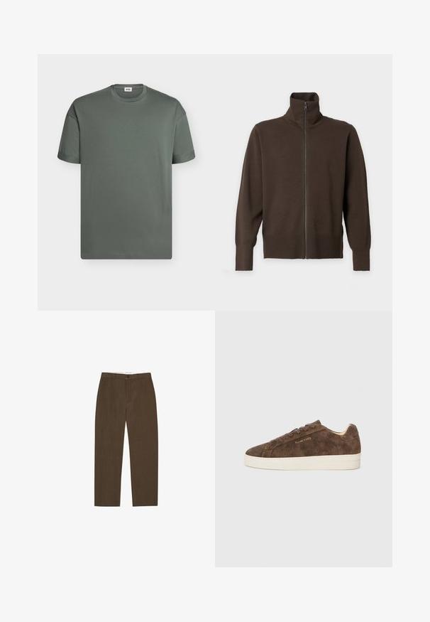 Pull marron à manches longues avec fermeture éclair, col montant et poignets ainsi qu'ourlet côtelés, présenté sur un fond clair uni.; T-shirt uni à manches courtes et col rond en gris foncé avec une petite étiquette de marque à l'intérieur du col.; Pantalon marron à jambes droites avec passants de ceinture, bouton à l'avant et poches latérales, présenté sur fond blanc.; Baskets en daim marron avec une silhouette basse, un bout arrondi et une semelle en caoutchouc blanc. Elles présentent des lacets foncés et un logo discret sur le côté.