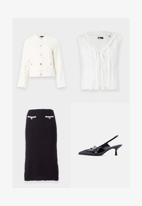 Veste blanche à manches longues avec col, boutons dorés et une poche unique sur le côté inférieur droit.; Blouse blanche sans manches avec bordure en dentelle, boutons recouverts de tissu sur le devant et détails de plis couchés sur les côtés, de la marque The Kooples.; Jupe crayon en maille noire avec bordure blanche à la taille et à l'ourlet, comportant deux poches avant, chacune avec un bouton doré.; Chaussure à talon bas en cuir verni noir avec bride arrière, bout pointu et détail boucle argentée sur fond blanc uni.