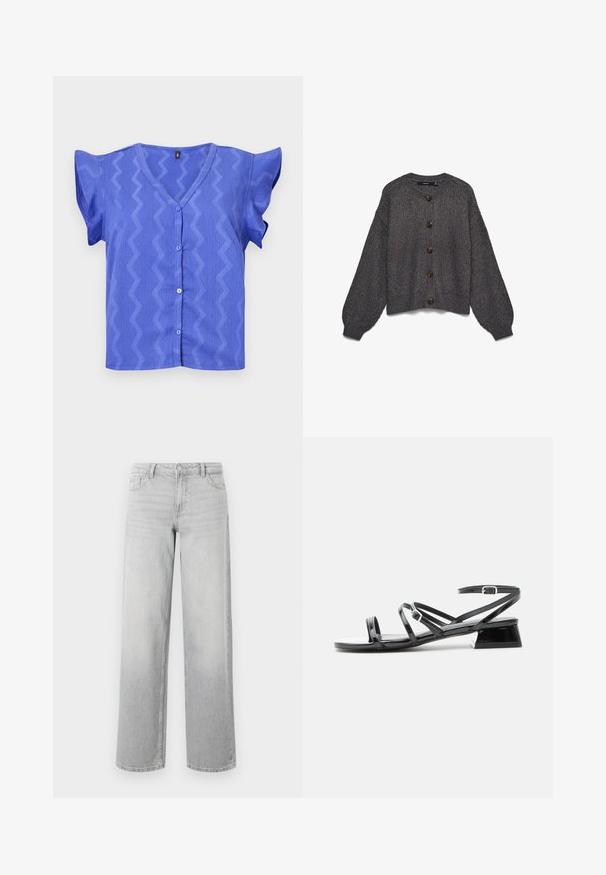 Cárdigan gris de punto con cuello redondo, siete grandes botones oscuros en la parte delantera y mangas extragrandes. Patrón texturizado en todo el tejido.; Blusa azul de manga corta con cuello en V, que presenta un patrón en zigzag y cierre de botones en el frente. Tejido texturizado con mangas de volantes.; Jeans de pierna ancha de color gris claro, confeccionados en denim. Cuentan con cinco bolsillos, cierre de botón y una sutil textura desgastada para un aspecto usado.; Sandalia baja con tacón de cuero de charol negro con múltiples tiras delgadas y una pequeña correa con hebilla en el tobillo sobre un fondo blanco.