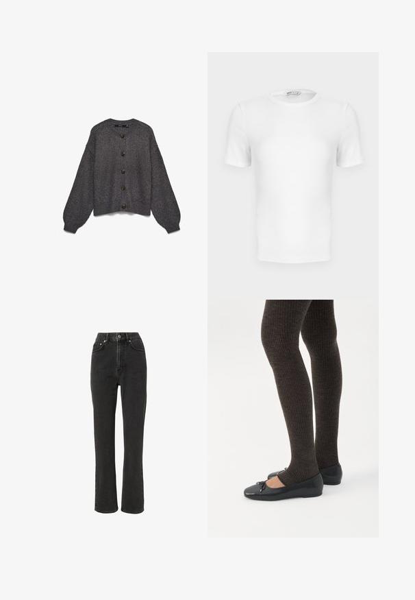 Graue Strickjacke mit rundem Kragen, sieben großen dunklen Knöpfen vorne und übergroßen Ärmeln. Durchgehend strukturiertes Muster.; Weißes, kurzärmeliges, geripptes T-Shirt mit Rundhalsausschnitt, figurbetontem Schnitt und kleinem Markenlabel im Krageninneren.; Hochgeschnittene schwarze Jeans aus Denim mit geradem Bein, fünf Taschen, Metallknopfverschluss und subtiler Verwaschung.; Beine in dunklen, gerippten Leggings kombiniert mit schwarzen Ballerinas mit kleinen Schleifendetails auf weißem Hintergrund.