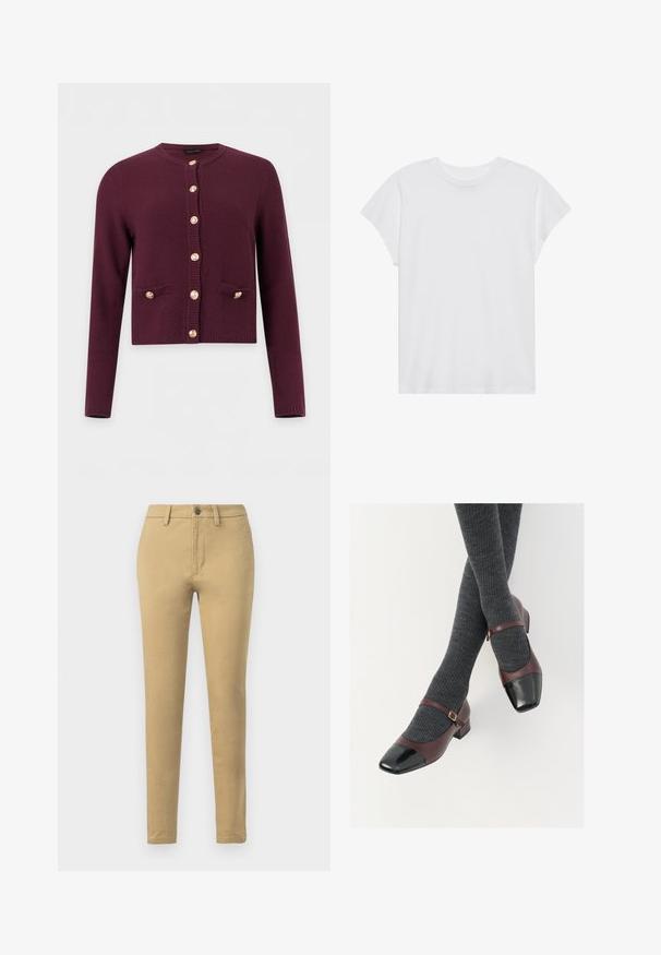 Mørkelilla strikket cardigan med lange ærmer, rund halsudskæring, syv guldknapper foran og to små forlommer med knaplukning.; Hvid kortærmet t-shirt med rund hals, afslappet pasform, lavet af blødt bomuldsstof. Glat tekstur, ingen mønstre eller logoer.; Khaki chinos lavet af en blanding af bomuldsstof, med slim fit, bæltestropper, frontlommer og en enkelt knaplukning.; Burgunderrøde læder Mary Jane-sko med en sort laktoej og tynd ankelrem; båret med mørkegrå ribbede strømper. Lav blokhæl.