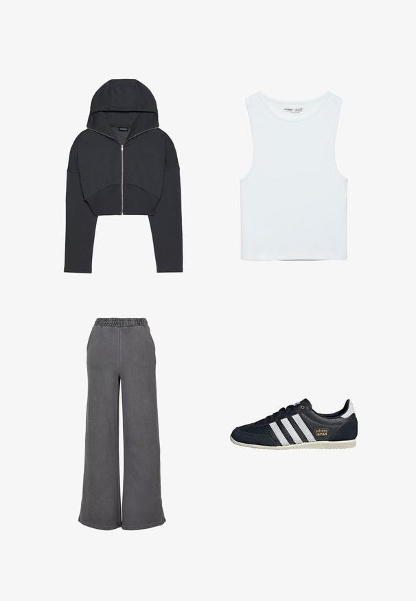 Afskåret sort hættetrøje lavet af blødt materiale med lynlås foran, stor hætte og ribbede manchetter. Har et minimalistisk design uden mønstre.; Hvid ærmeløs crop top med rund halsudskæring, lavet af glat stof, mærket Pull&Bear, egnet til afslappet brug.; Breddebenede grå sweats lavet af blødt stof, med elastisk talje for komfort. Glat tekstur uden synlige mønstre eller detaljer.; Sorte lædersneakers med tre hvide striber, en struktureret finish, guld "adidas JAPAN" logo og en gummisål med grebmønster.