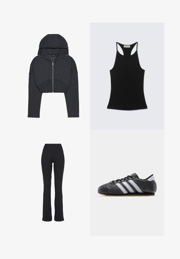 Afskåret sort hættetrøje lavet af blødt materiale med lynlås foran, stor hætte og ribbede manchetter. Har et minimalistisk design uden mønstre.; Sort ærmeløs racerback-top med "WEEKDAY" label på øvre ryg, vist på en lys grå baggrund.; Sorte højtaljede, tætsiddende yogabukser med udvidede ben, præsenteret mod en hvid baggrund.; Sorte lædersportssko med hvide striber, rund tå, flad sål og snørelukning. Har perforeringer for åndbarhed.