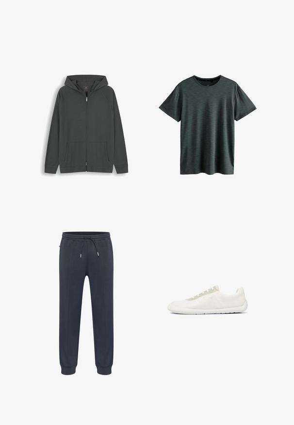 Sudadera con capucha de color gris oscuro con cremallera, mangas largas, bolsillos frontales y capucha, colocada plana sobre un fondo blanco.; Camiseta gris oscuro hecha de un tejido suave y texturizado. Presenta un clásico cuello redondo y mangas cortas con un sutil patrón. Sin logotipos visibles.; Pantalones deportivos de color azul marino oscuro con cintura elástica, cordón ajustable, bolsillos laterales y puños ajustados. Hechos de un material suave y ligero.; Zapatilla minimalista blanca de caña baja con tejido de malla texturizado, suela blanca y panel de ojetes para cordones en color beige claro.