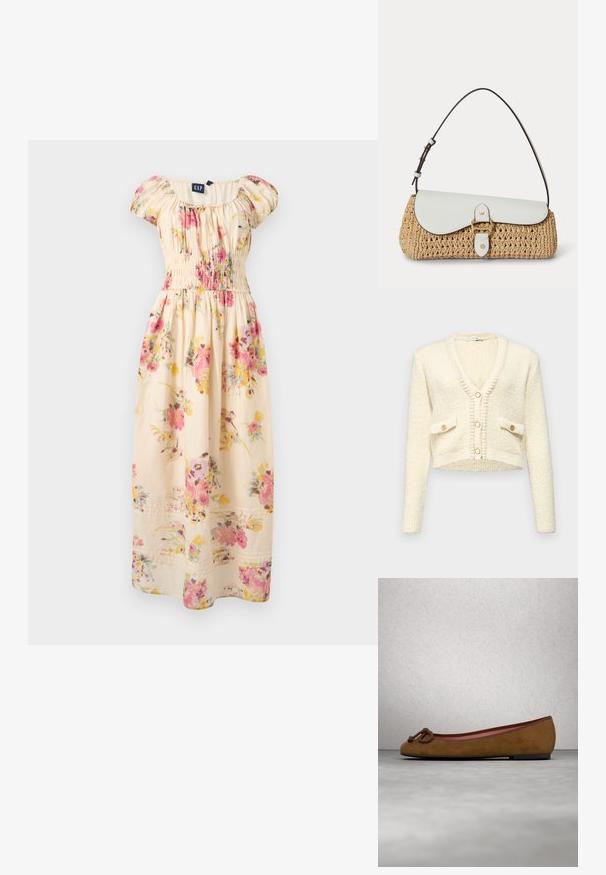 Gilet créme court avec col en V, tissu tricoté texturé, deux poches avant et trois boutons ronds de couleur contrastante.; Robe maxi à fleurs de couleur crème, épaules dénudées, avec des fleurs roses et jaunes, manches bouffantes et taille froncée de chez GAP.; Ballerine en suède marron avec un bout arrondi, présentant un détail noué à l'avant, un fin liseré rouge et une semelle plate noire.; Sac à main en paille tissée avec rabat en cuir blanc, boucle dorée et bandoulière réglable marron foncé sur fond blanc.