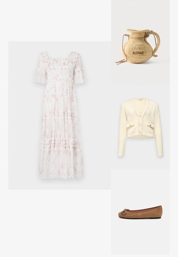 Cárdigan de crema recortado con escote en V, tejido texturizado, dos bolsillos frontales y tres botones redondos en color contrastante.; Vestido midi blanco con patrones florales rosas, corpiño fruncido, mangas con volantes y falda de capas con volantes horizontales y textura translúcida.; Bailarinas de ante marrón con punta redonda, que presentan un nudo decorativo de cuerda en la parte delantera y una suela plana.; Bolso redondo de paja tejido con asa de cuerda y "ALEMAIS" bordado en un lateral con hilo marrón.