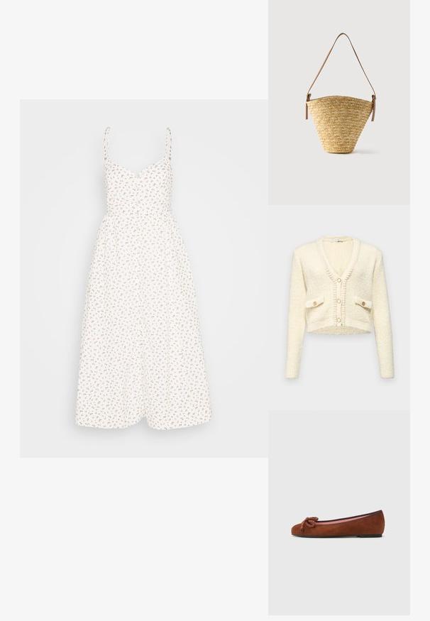 Gilet créme court avec col en V, tissu tricoté texturé, deux poches avant et trois boutons ronds de couleur contrastante.; Madewell ALEXA RUFFLE BODICE BUTTON DOWN MIDI DRESS PRINT - Robe chemise - lighthouse; Ballet flat en cuir suédé marron avec un bout arrondi, dotée d'un nœud décoratif à l'avant et d'une doublure intérieure rose contrastante. Semelle plate.; Sac seau en paille tissée avec une base large, un sommet étroit et une bandoulière en cuir marron ajustable.