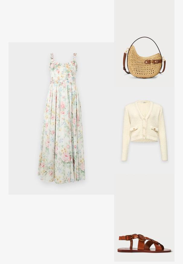 Gilet créme court avec col en V, tissu tricoté texturé, deux poches avant et trois boutons ronds de couleur contrastante.; Robe maxi florale avec un corsage smocké, des bretelles à volants et des motifs de fleurs roses et bleues pastel sur un fond clair.; Sandale en cuir marron avec un design de bride horizontale et circulaire, semelle plate et accent de boucle métallique, présentant une texture lisse.; Sac hobo en paille tissée avec une forme courbée, une sangle en cuir marron avec une boucle et une couleur beige naturel. Surface texturée avec des coutures visibles.