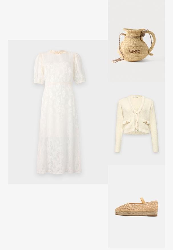 Kort crèmekleurig vest met een V-hals, textuur gebreide stof, twee voorkruiszakken en drie ronde knopen in een contrasterende kleur.; Witte jurk met bloemenpatroon, gemaakt van lichte stof, met korte puffmouwen en een gestrikte halslijn, en een vloeiende, knielange Silhouet.; Loeffler Randall KAYLA - Espadrilles - natural; Ronde gevlochten strohandtas met een handvat van touw en "ALEMAIS" geborduurd aan de zijkant in bruine draad.