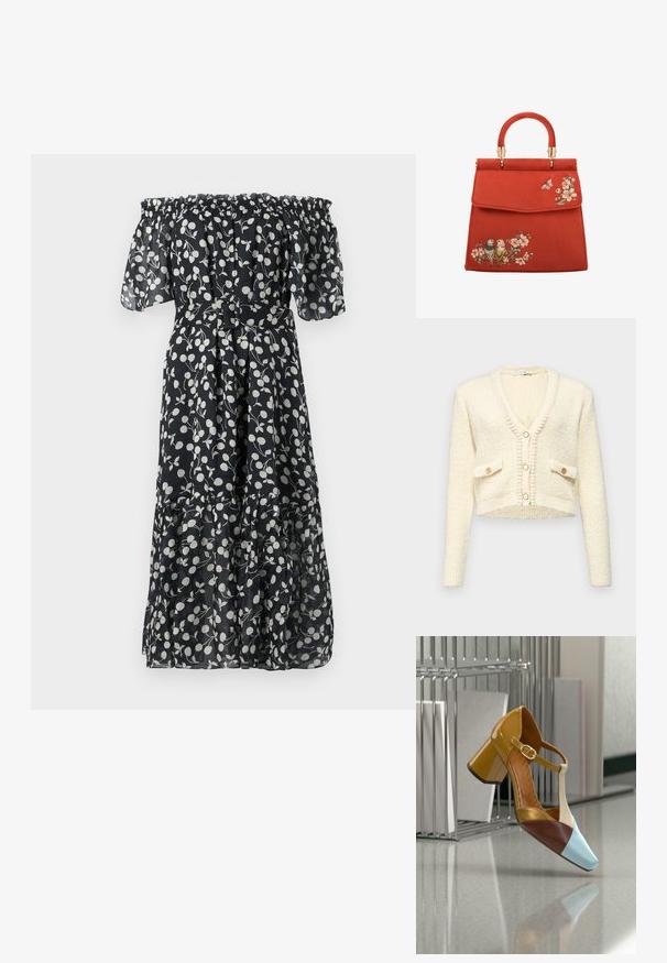 Afskåret cremefarvet cardigan med V-hals, struktureret strikstof, to frontlommer og tre runde knapper i kontrastfarve.; Sort off-shoulder kjole med hvidt blomster mønster, korte flæseærmer, indsnævret talje og lagdelt kant. Fremstillet af letvægts, gennemsigtig stof.; Farverig højhælet sko med gult, brunt, blåt og guld laklæder, firkantet tå og ankelrem. Overfladen er blank.; Rød ruskinds håndtaske med en struktureret form, udstyret med et hanke og guldfarvet hardware. Broderede blomster- og fuglemotiver på forsiden.