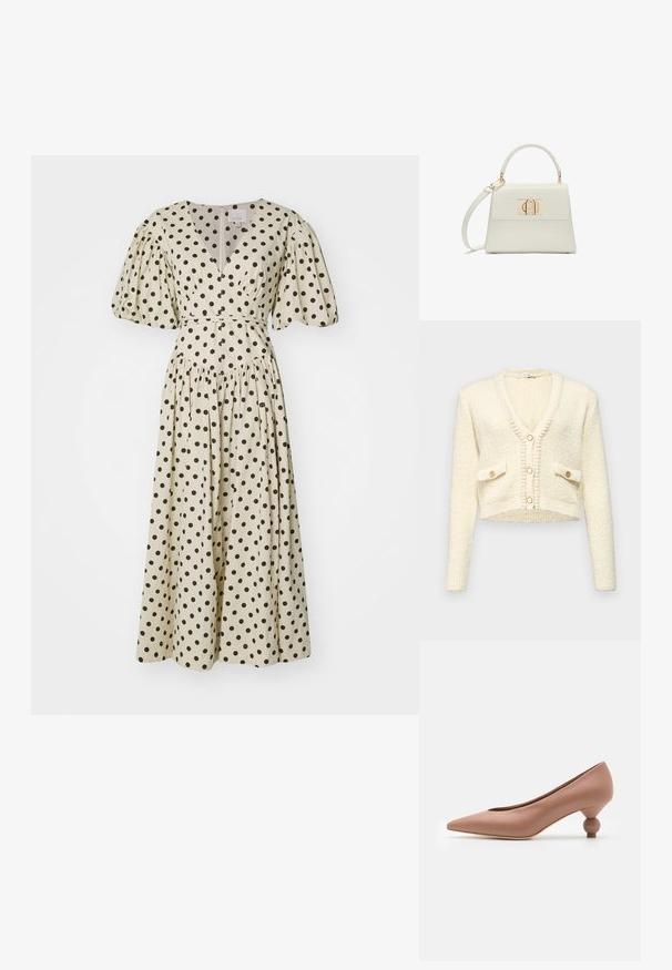 Afskåret cremefarvet cardigan med V-hals, struktureret strikstof, to frontlommer og tre runde knapper i kontrastfarve.; Cinq à Sept POLKA DOT STASSIE DRESS - Hverdagskjole - gardenia/black; Weekend Max Mara RENZA - Pumps - nudo; Lille hvid håndtaske med topgreb, aftagelig skulderrem og guld rektangulært spænde på frontklap.