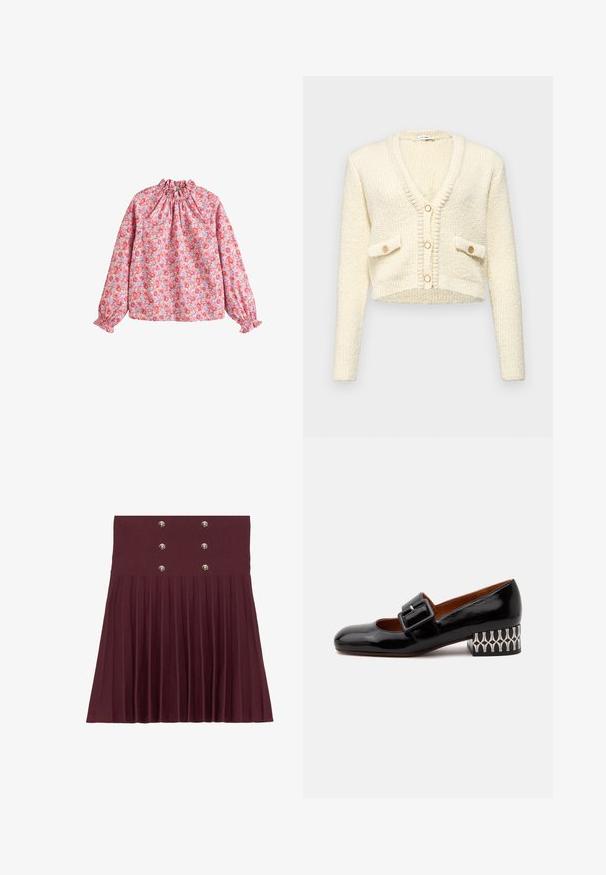 Afskåret cremefarvet cardigan med V-hals, struktureret strikstof, to frontlommer og tre runde knapper i kontrastfarve.; Blomsterbluse med en sammensnøret halsudskæring og manchetter, med en pink baggrund og røde samt lilla blomster, lavet af letvægtsstof.; Burgunderfarvet plisseret nederdel med seks sølvfarvede knapper i taljen, lavet af et tekstureret stof og med en struktureret a-linjeform.; Sort lakeret lavhælet sko med stor spænde rem og en mønstret blokhæl i sort og hvidt geometrisk design.