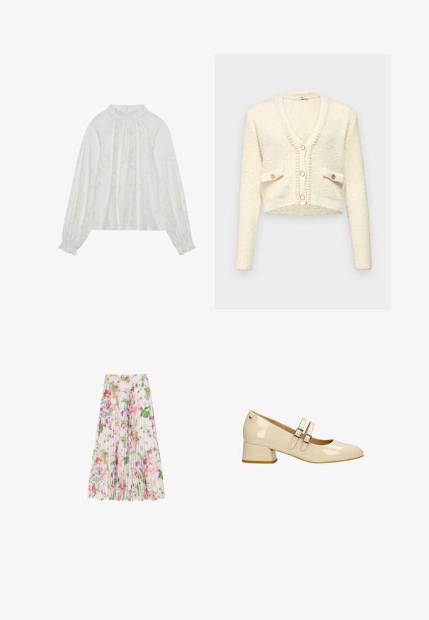 Gilet créme court avec col en V, tissu tricoté texturé, deux poches avant et trois boutons ronds de couleur contrastante.; Blouse blanche à manches longues, avec un motif floral texturé, un décolleté froncé et des poignets élastiques. Tissu doux et léger.; Jupe plissée florale en tissu léger, avec un mélange de teintes rose, verte et violette. Tombe sous le genou avec une taille froncée.; Chaussure Mary Jane en cuir verni beige avec deux brides à boucle et un petit talon bloc, vue de côté extérieur.