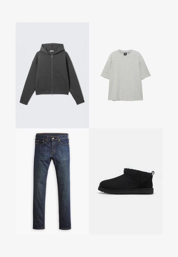 Dunkelgrauer Kapuzenpullover mit Reißverschluss, Fronttaschen, langen Ärmeln und angenähter Kapuze, vor hellem Hintergrund gezeigt.; Hellgraues T-Shirt mit kurzen Ärmeln und Rundhalsausschnitt in entspannter Passform und kleinem schwarzem Markenetikett innen im Kragen.; Dunkelblaue Jeans aus Denim mit geradem Schnitt, ausgestattet mit einem Knopfverschluss und orangefarbenen Nähten. Glatte Textur ohne sichtbare Muster.; Schwarze Wildleder-Stiefeletten mit einem weichen, strukturierten Innenfutter, einer flachen Gummisohle und einer Zugschlaufe auf der Rückseite für ein einfaches Anziehen.
