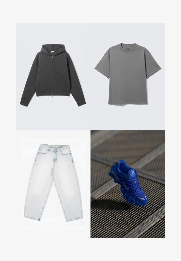 Sudadera con capucha y cremallera de color gris oscuro, con bolsillos delanteros, mangas largas y capucha integrada, mostrada sobre un fondo claro.; Camiseta gris lisa de manga corta con cuello redondo, extendida y con costuras visibles en los hombros y la etiqueta de la marca Weekday en el interior del cuello.; Vaqueros de mezclilla lavada clara con cintura alta, piernas anchas y rectas, cierre de botones y cremallera, y bolsillos delanteros y traseros.; Zapatilla deportiva azul con parte superior de malla, diseño texturizado y suela prominente que presenta elementos de amortiguación distintos y acentos reflectantes.