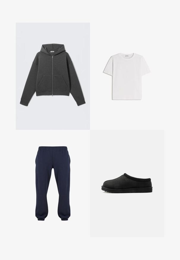 Hoodie zippé gris foncé avec poches avant, manches longues et capuche attachée, présenté sur un fond clair.; T-shirt en coton blanc avec un col rond et des manches courtes. Présente une coupe classique et carrée, sans motifs ni accents visibles.; Pantalons de survêtement bleu marine avec une taille élastique et des manches resserrées, fabriqués en tissu doux, sans motifs ni accessoires visibles.; Chausson noir à enfiler UGG avec une semelle souple et une bordure tricotée autour du col, vue de côté sur fond blanc.