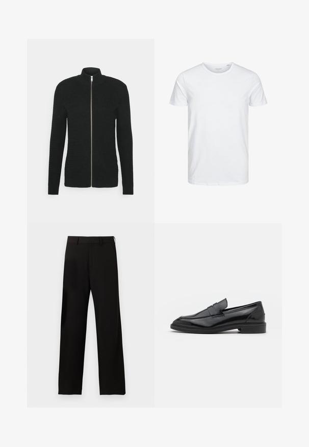Lindbergh O-NECK STRUCTURE - Sweatjakke - black; Rundhals kortærmet t-shirt i ensfarvet hvid, lavet af blød bomuld, har et simpelt design uden synlige mønstre eller detaljer.; Sorte bukser med lige ben, bæltestropper og sidelommer på en ensartet hvid baggrund.; Sorte læder loafers med en glat overflade, der har en rund tå og en smal bånd over det øverste. Lav stablet hæl.