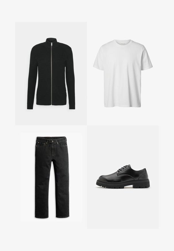 Lindbergh O-NECK STRUCTURE - Sweater met rits - black; Eenvoudig wit T-shirt met korte mouwen en ronde hals, losse pasvorm en zonder zichtbare logo's of ontwerpen aan de voorkant.; Zwarte rechte spijkerbroek met vijf zakken, riemlussen en een knoopsluiting in de taille, plat gelegd op een witte achtergrond.; Zwarte leren schoenen met een ronde neus, vetersluiting en een dikke, gestructureerde rubberen zool. Kenmerken zijn stiksels langs de rand en een gladde afwerking.
