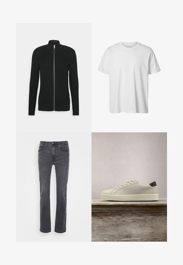 Lindbergh O-NECK STRUCTURE - Sweatjakke - black; Enkelt hvid T-shirt med korte ærmer og rund hals, løs pasform og uden synlige logoer eller designs foran.; Grå denimjeans med lige bendesign, der har forlommer og en klassisk knaplukning. Glat tekstur med subtile blegninger.; Hvid sneaker med tekstureret sål og sort hældetalje, svævende over en træbænk med højt grønt græs i baggrunden.