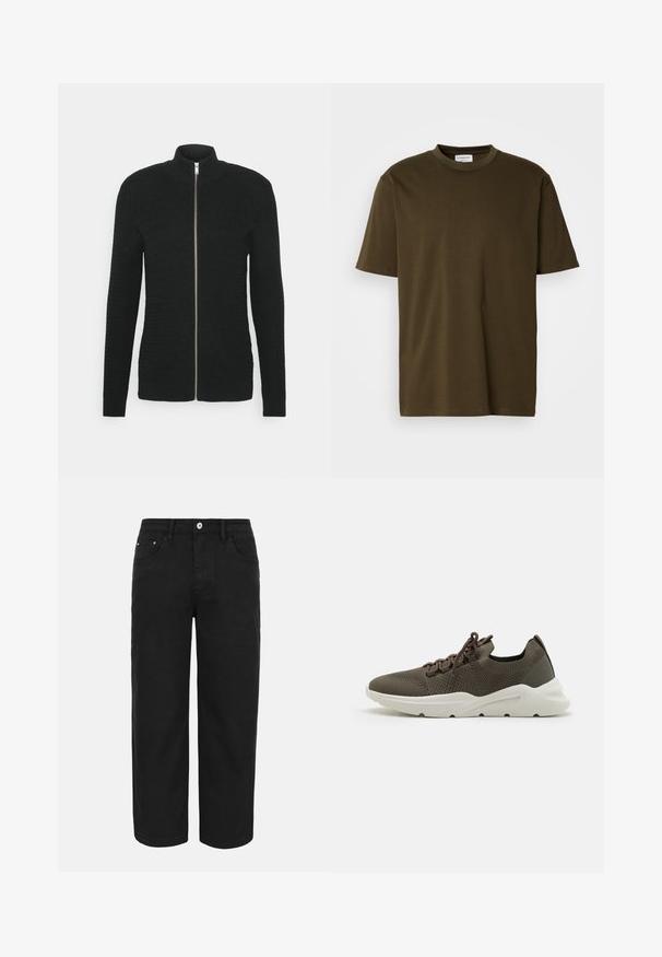 Lindbergh O-NECK STRUCTURE - Sweatjakke - black; Simpel olivengrøn T-shirt med korte ærmer og rund halsudskæring, med et synligt hvidt mærke ved halsen, præsenteret på en hvid baggrund.; Sorte bukser med lige ben, forrest med knap- og lynlåslukning, bæltestropper og tre forlommer på en ensfarvet lys baggrund.; Snøring sneaker i mørke olivengrøn mesh med en struktureret overflade, hvid gummisål og en kontrasterende mørk hælaccent.