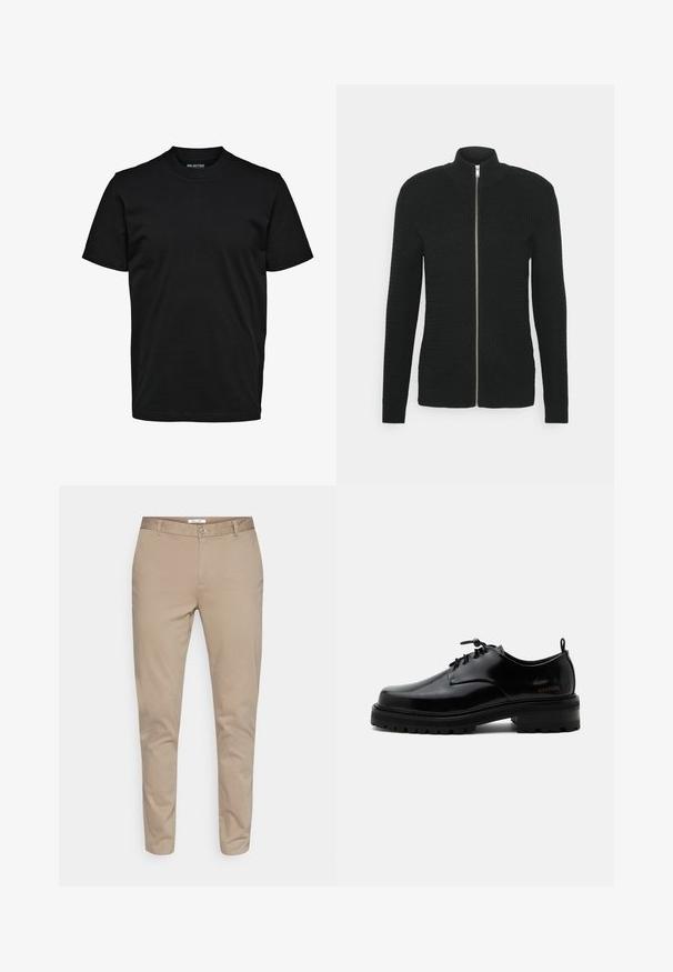 Lindbergh O-NECK STRUCTURE - Sweatjacke - black; Schwarzes, schlichtes T-Shirt mit kurzen Ärmeln, Rundhalsausschnitt und regulärer Passform ohne sichtbare Muster oder Logos.; Beige Baumwoll-Chinos mit geradem Bein, ausgestattet mit einem Knopfverschluss, Gürtelschlaufen und seitlichen Taschen. Glatte Textur ohne Muster.; Schwarzer polierter Lederschnürschuh mit dicker Gummisohle und niedrigem Absatz, seitlichem Marken-Schriftzug "SAMSOE" und hinterer Zuglasche.
