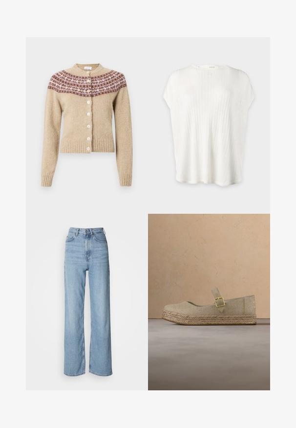 Cardigan beige en matière douce, avec un empiècement à motifs en marron et violet, col rond et six boutons sur le devant. Ourlet et poignets côtelés.; Haut en maille côtelée blanche à manches courtes avec col rond et coupe ample.; Jean taille haute bleu clair avec une jambe droite, en denim, présentant une fermeture à bouton sur le devant et des détails de décoloration subtils.; Chaussure Mary Jane en toile beige avec semelle tressée et boucle dorée, flottant au-dessus d'un tapis beige texturé dans une pièce aux tons neutres.