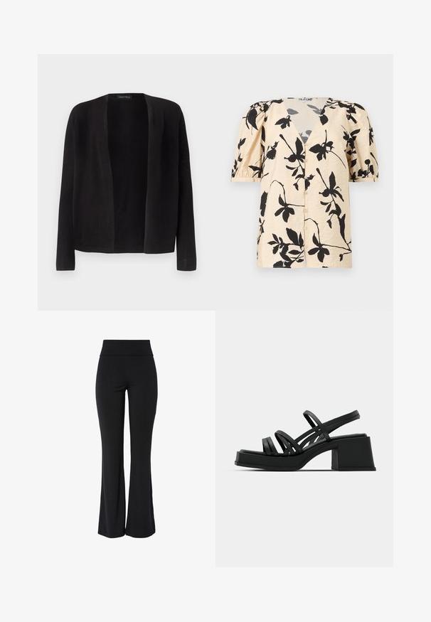 Cardigan noir à manches longues, ouvert à l'avant, avec un ourlet droit, sans boutons ni fermetures, présenté sur un fond clair uni.; Blouse beige à manches courtes avec imprimé floral noir, encolure en V, manches bouffantes et fermeture à boutons sur le devant.; Pantalon noir taille haute extensible avec jambe légèrement évasée et design lisse sans coutures, sur fond blanc.; Sandales noires à talons avec plusieurs fines lanières et un large talon carré. Design élégant avec une texture mate. La semelle intérieure a une légère courbure.