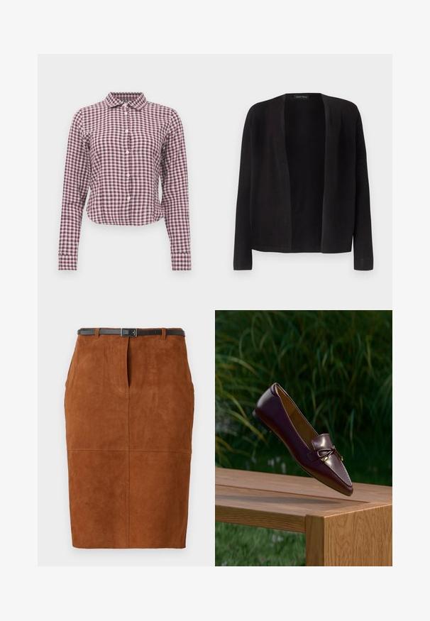 Musta avoimen etuosan pitkähiha cardigan, jossa suora helma, ei nappia tai kiinnikettä, esitetty yksinkertaisella vaalealla taustalla.; Pitkähihaisessa napilla varustetussa paidassa on vaaleanpunainen ja violetti ruudullinen kuvio. Siinä on kaulus, kaareva helma ja pehmeä kankaan rakenne.; Ruskosuedeinen kynähame, jossa on kapea malli, ompeluyksityiskohtia ja musta nahkavyö neliösoljella.; Ruskea nahkainen loafer, jossa on rusetti, leijuu puupenkin yläpuolella, taustalla vihreä lehvästö on sumea.