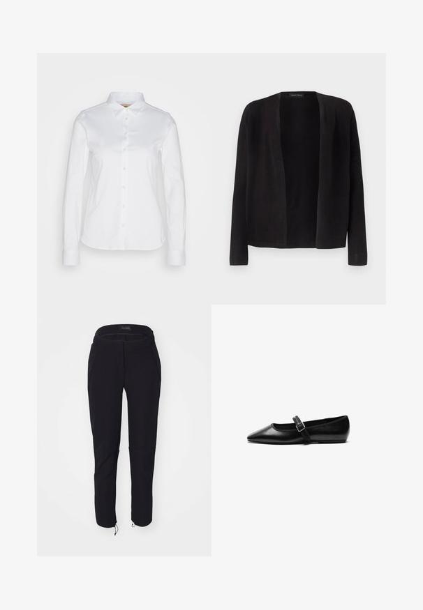 Zwarte openvallende cardigan met lange mouwen en rechte zoom, zonder knopen of sluitingen, weergegeven op een effen lichte achtergrond.; Witte langwerpige blouse met knopen en een brede kraag, gemaakt van een gladde katoenstof met een afgeronde zoom. De stof heeft een lichte glans.; Zwarte broek met een gladde textuur, met een slimfit ontwerp, elastische tailleband, twee zakken en verstelbare manchetten met trekkoorden.; Zwarte platte schoen van leer met een spitse neus, verstelbare band met een metalen gesp, een gladde textuur en een minimalistisch ontwerp.