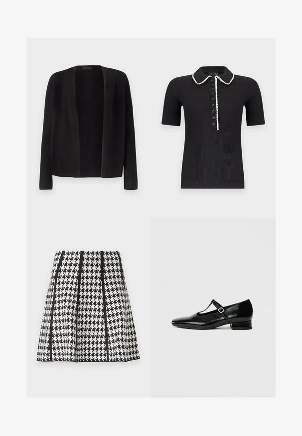 Cardigan noir à manches longues, ouvert à l'avant, avec un ourlet droit, sans boutons ni fermetures, présenté sur un fond clair uni.; Polo noir à manches courtes côtelé avec bordure blanche le long du col et de la patte de boutonnage, comportant sept boutons noirs à l'avant.; Jupe trapèze noire et blanche à motif pied-de-poule avec des rayures noires verticales sur un fond uni.; Chaussures Mary Jane en cuir noir avec bout pointu, petit talon carré et bride ajustable avec une boucle argentée. Texture lisse et brillante.