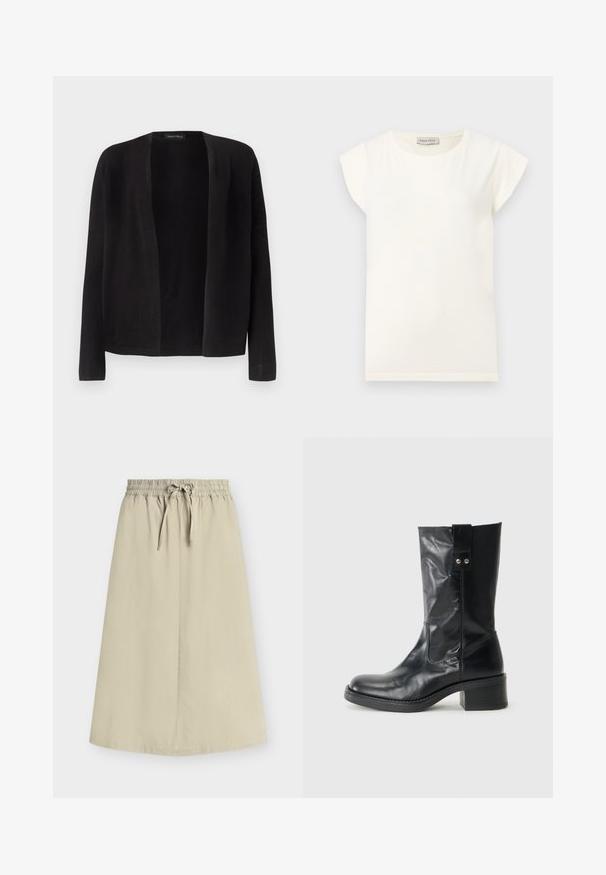 Cardigan noir à manches longues, ouvert à l'avant, avec un ourlet droit, sans boutons ni fermetures, présenté sur un fond clair uni.; T-shirt blanc à manches courtes avec un col rond et une coupe décontractée. Confectionné en tissu doux, avec une texture lisse et un design minimaliste.; Jupe beige longueur genou avec taille élastique et cordon à nouer devant, en tissu léger et lisse.; Bottine en cuir noir avec un bout arrondi, un talon empilé modeste et un onglet décoratif sur le côté. Le matériau a une finition lisse et polie.