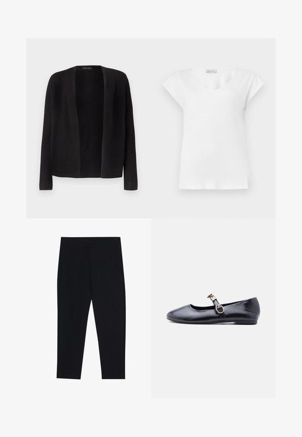 Cárdigan negro de manga larga con abertura frontal, dobladillo recto, sin botones ni cierres, exhibido sobre un fondo claro y liso.; Blusa blanca de manga corta con escote redondo y una pequeña etiqueta de marca cerca del cuello.; Leggins negros hechos de una tela elástica, con una cinturilla elástica y una textura suave. Sin patrones visibles ni detalles de hardware.; Zapato plano Mary Jane de cuero negro con hebilla dorada en forma de flor y dos decoraciones de flores en la correa, mostrado de perfil lateral.