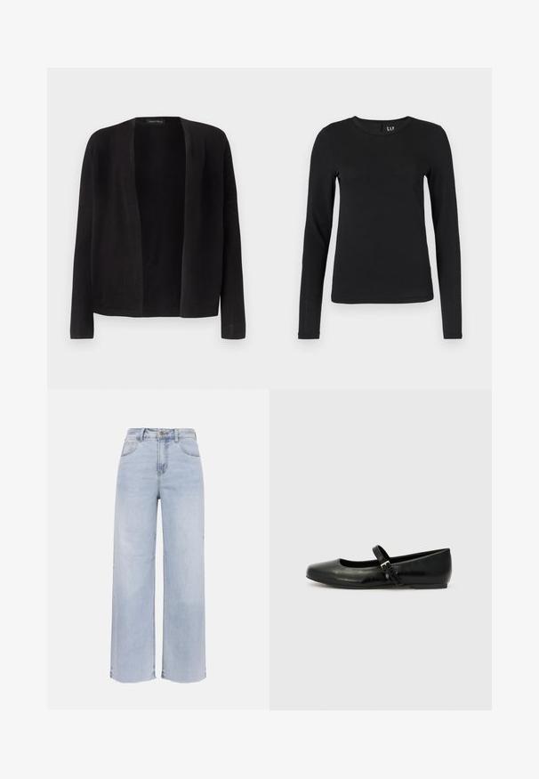 Cardigan noir à manches longues, ouvert à l'avant, avec un ourlet droit, sans boutons ni fermetures, présenté sur un fond clair uni.; T-shirt noir à manches longues en coton, comportant un col rond, une coupe ajustée, et une texture lisse et douce. Aucune imprimé ni accent.; Jean large taille haute bleu clair avec bouton et fermeture éclair à l'avant, deux poches avant et deux poches arrière, et ourlet brut.; Ballerines en cuir noir avec un bout arrondi, une semelle plate et une fine sangle ajustable sur le cou-de-pied avec une boucle en métal.